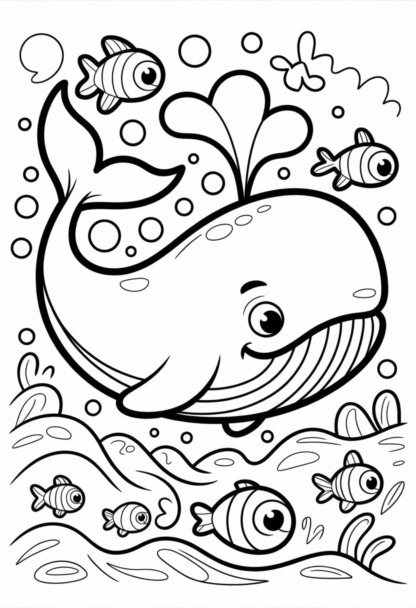 Whale Coloring Pages For Kids | 11 Fun and Educational Designs 6 A large smiling whale surrounded by bubbles, small fish, and waves in the ocean.